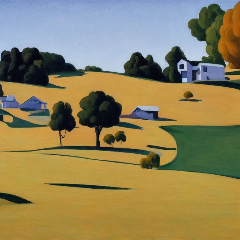 Prompt: dreaming futuristic rural landscape with modern houses, painted by Alex Katz, painted by Edward Hopper, airbrush