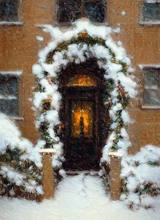 Image similar to new york apartment building in winter, close up of wreath on door, snow, artwork by gaston bussiere, craig mullins, trending on artstation