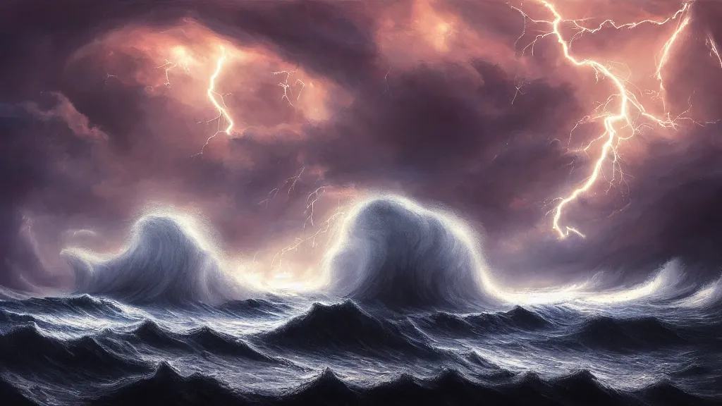 Prompt: a fantasy book landscape, massive giant black tentacles surrounding a small boat in a stormy sea, giant waves, lightning in the background, soft beautiful light, oil painting, 4 k