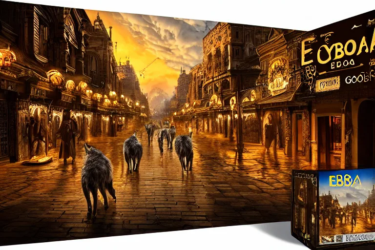 Image similar to the great city of ebora once glittered with gold its streets are stalked by wolves. photo - realistic hd, hyperrealism, colourful, highly detailed, cinematic, luminescence, 3 2 k, dop, high contrast, intricate, mystery, epic, fantasy