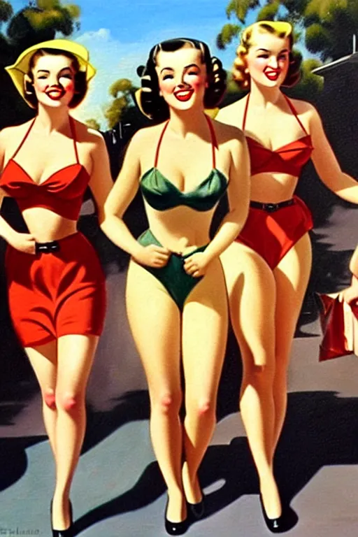 Image similar to 1940s group of pinup bikini girls walking down the street in 1940s Adelaide in Australia, oil painting, by Gil Elvgren