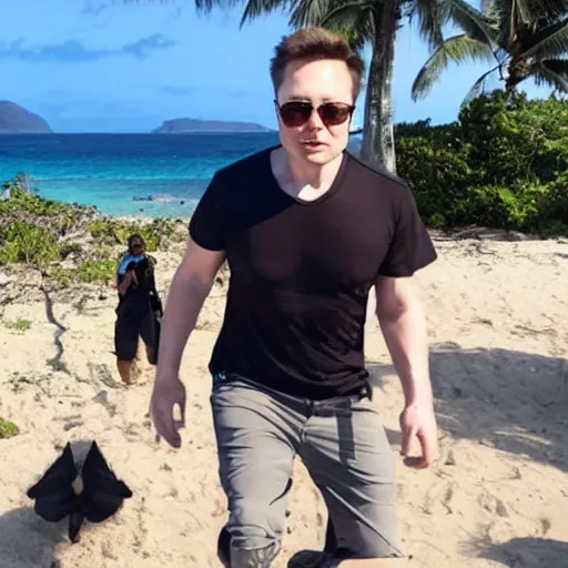 Prompt: elon musk being hunted by island locals, style colonialism