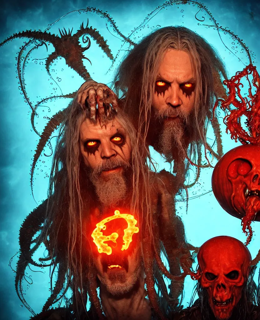 Image similar to Rob Zombie and Captain Spalding (The Devils Rejects), epic angle and pose, symmetrical artwork, 3d with depth of field, blurred background, cybernetic jellyfish female face skull phoenix bird, translucent, nautilus, energy flows of water and fire. a highly detailed epic cinematic concept art CG render. made in Maya, Blender and Photoshop, octane render, excellent composition, cinematic dystopian brutalist atmosphere, dynamic dramatic cinematic lighting, aesthetic, very inspirational, arthouse. y Greg Rutkowski, Ilya Kuvshinov, WLOP, Stanley Artgerm Lau, Ruan Jia and Fenghua Zhong