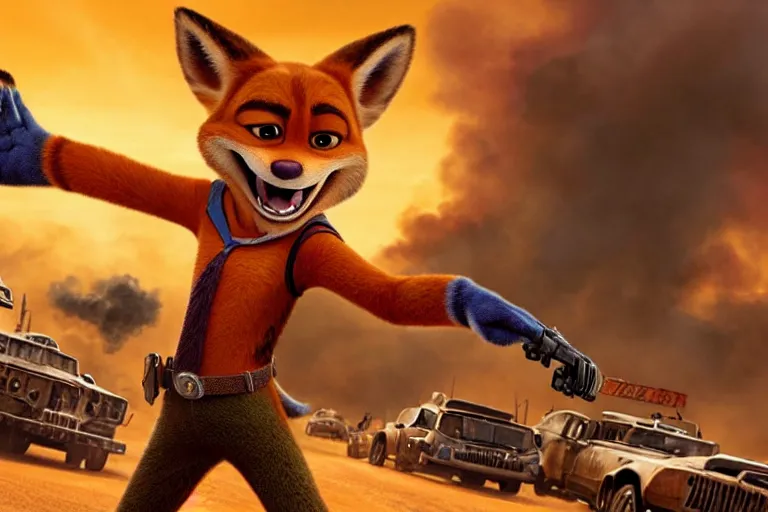 Image similar to nick wilde ( from zootopia ), heavily armed and armored facing down armageddon in a dark and gritty reboot from the makers of mad max : fury road