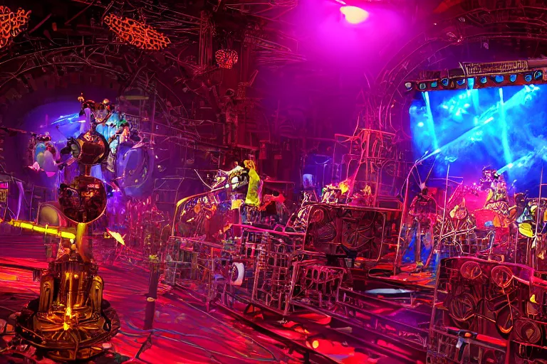 Image similar to a concert stage with audience, on stage is a rockband with 3 steampunk robots with guitars and drums, center of the stage is a big futuristic steampunk generator with gears and belts and tubes, laser show, 8 k, fluorescent colors, halluzinogenic, multicolored, exaggerated detailed, unreal engine