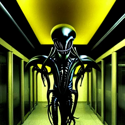 Image similar to black glossy xenomorph, alien movie, endless empty office building, pale yellow wallpaper, moist brown carpet, dim fluorescent lighting, artstation, ultra detailed, creepy, dramatic lighting, photorealistic, art by h. r. giger and chris fss