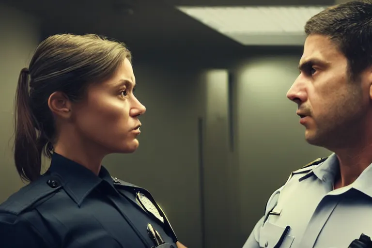 Image similar to vfx film closeup, police detective couple arguing in police precinct, over the shoulder shot, flat color profile low - key lighting award winning photography arri alexa cinematography, hyper real photorealistic cinematic beautiful natural skin, famous face, atmospheric cool colorgrade