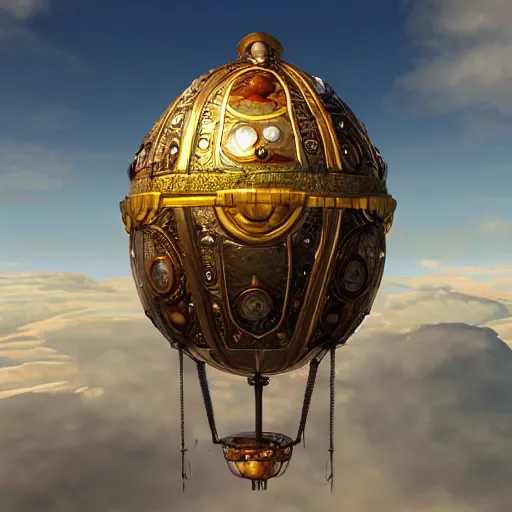 Prompt: enormous flying faberge egg, sky, steampunk, fantasy art, unreal engine