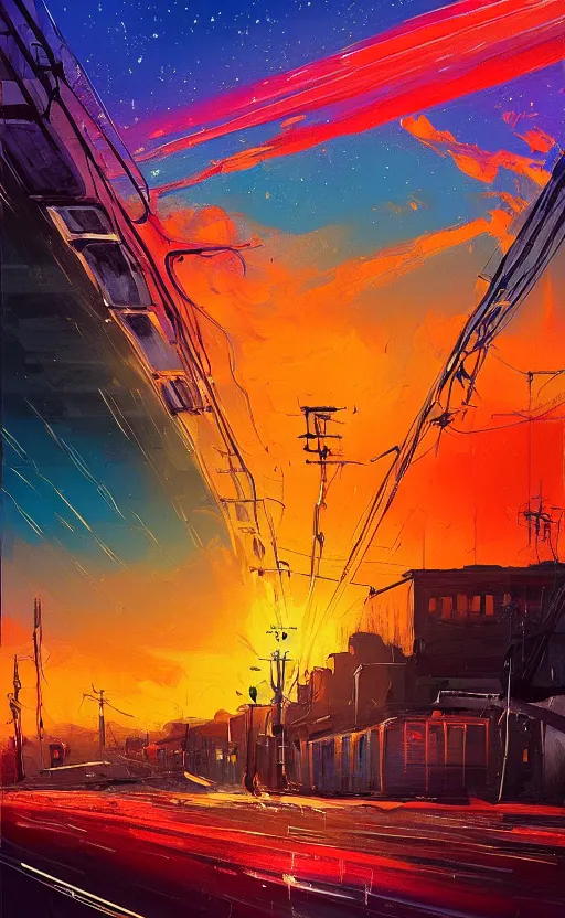 Image similar to a beautiful illustration of sofia bulgaria at sunset, art of alena aenami, featured on artstation, vertical orientation, paint brush strokes, expressionism, brushstroke - laden, breathtaking clouds, traffic lights, wet concrete, beauttiful stars, cables, long exposure, gigantic sun, airy theme, red purple gradient, lens flare