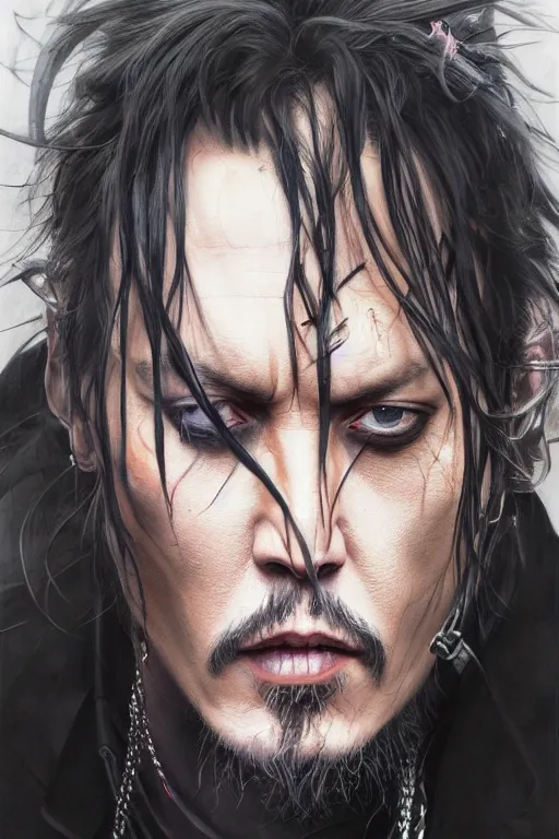 Prompt: Portrait of johnny depp as quincy from bleach, dark, intricate, highly detailed, smooth, artstation, digital illustration by Ruan Jia and Mandy Jurgens and Artgerm and Wayne Barlowe and Greg Rutkowski and Zdislav Beksinski