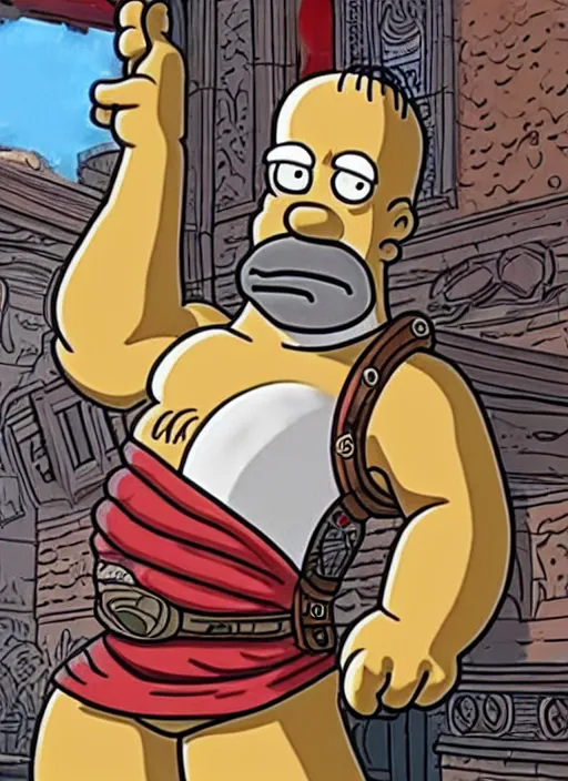 Prompt: painted white Homer Simpson:: depicted as Kratos God of War, Matt Groening art, high detailed official artwork