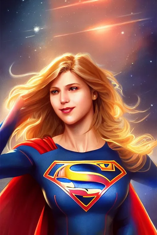 Image similar to a beautiful female supergirl!! intricate, red, blue gold suit, powers, speed, dc comics, cinematic, stunning, highly detailed, digital painting, artstation, smooth, hard focus, illustration, art by artgerm and greg rutkowski and alphonse mucha