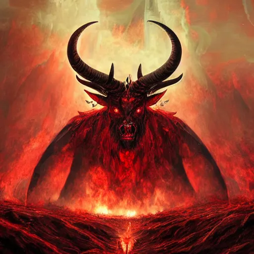 Prompt: A beast with seven heads rising from the sea of blood, ram horned oracle brings fire down from the sky, NGE dark fantasy, highly detailed, digital painting, volumetric light, 8k detailed