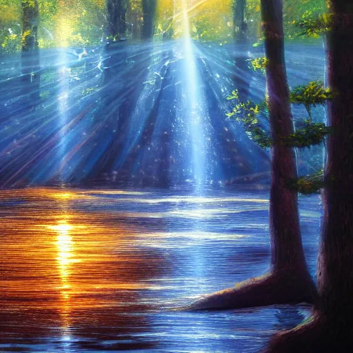 Image similar to forest, sun rays, with a river sparkling oil painting 4 k