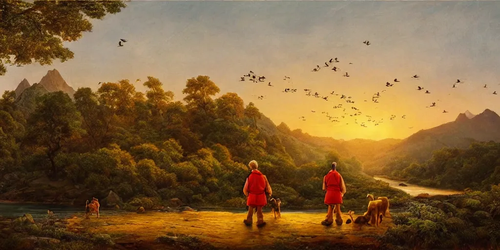 Image similar to A majestic landscape featuring a river, mountains and a forest. A group of birds is flying in the sky. There is an old man with a dog standing next to him. The man is wearing a backpack. They are both staring at the sunset. Cinematic, very beautiful, painting in the style of Winnie the pooh