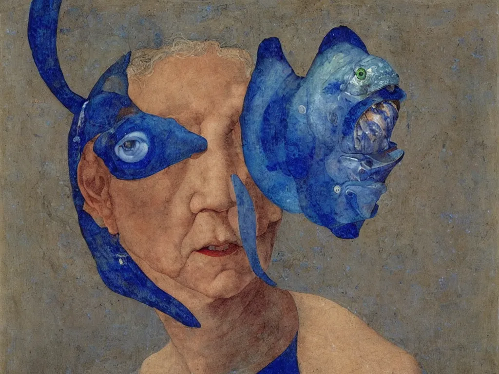 Prompt: portrait of a old woman head with close up exotic betta halfmoon blue fish. lapis lazuli, malachite, cinnabar, gold. ainting by piero della francesca, balthus, agnes pelton