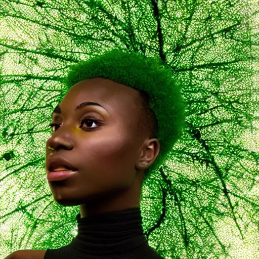 Image similar to Tobe Nwigwe as a angelic figure, in a cybernetic forest of green