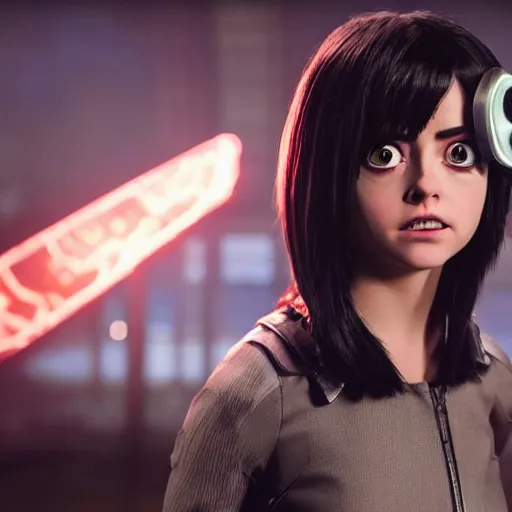 Prompt: Courtney Miller from Smosh as Alita in Alita:Battle Angel, Film Still, 35mm dramatic lighting, cinematic, deep focus, styleframe,