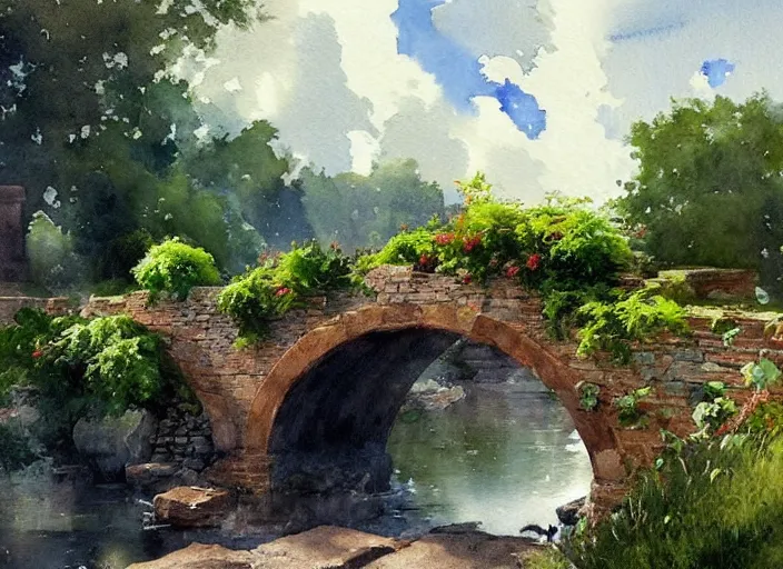 Image similar to watercolor of rustic stone bridge with mural, ivy, summer daylight, bright clear day, clouds, high detailed art by dennis miller bunker, work by anders zorn, wonderful masterpiece by greg rutkowski, beautiful cinematic light, american romanticism by greg manchess, creation by tyler edlin