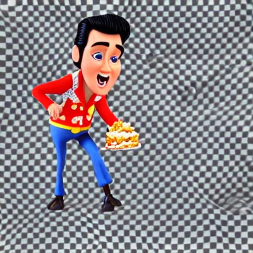 Prompt: elvis presley with pretzel!!!! legs, pixar character, stage background, pixar, 3 d,