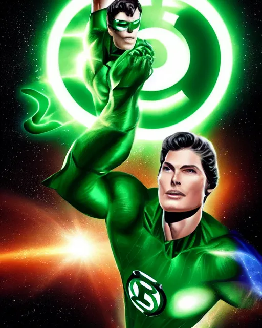 Image similar to photos of actor Christopher Reeve as a Green Lantern soaring thru outer space, photogenic, spit-curl in hair, particle effects, photography, studio lighting, cinematic, photorealistic, trending artstation