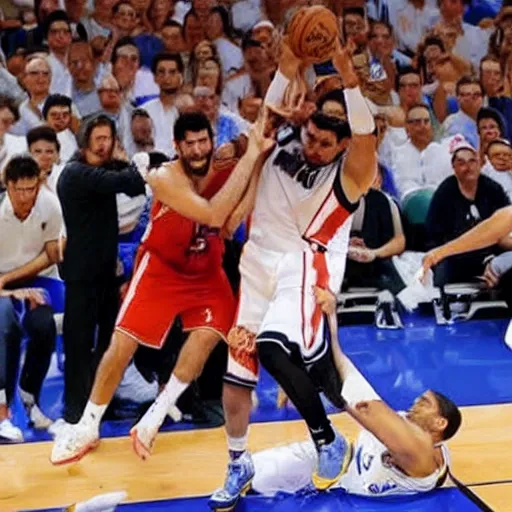 Image similar to jesus hermida blocking pedro piqueras in the nba finals.