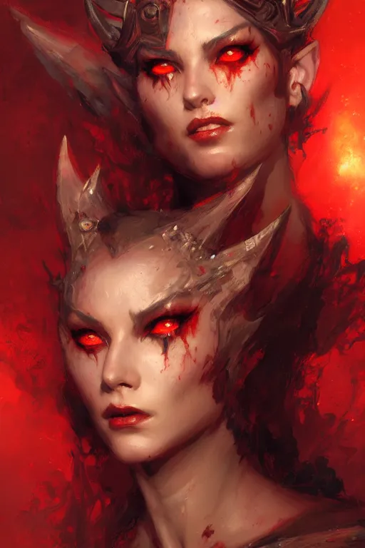 Prompt: portrait of an attractive demon queen with red eyes painting by gaston bussiere, craig mullins, luis rollo, digital painting, highly detailed, artstation, sharp focus, illustration, concept art, high quality
