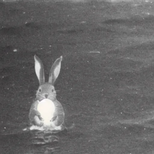 Image similar to a small evil rabbit launching nuclear warheads from a submarine grainy 3 5 mm photo