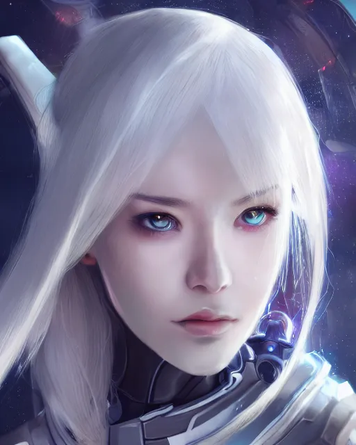 Image similar to detailed portrait of perfect android girl, warframe armor, beautiful face, scifi, futuristic, space station, laboratory, song hye - kyo, dreamy, long white hair, blue cyborg eyes, cinematic lighting, innocent, highly detailed, sharp focus, smooth, artstation, intricate, award winning, pure aura, divine, by akihiko yoshida