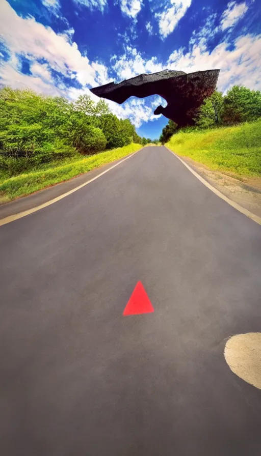 Image similar to photo of a giant mouth open on an asphalt road, realistic photo, gopro, looming, colorful, eerie