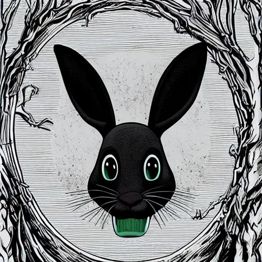 Image similar to A extremely highly detailed majestic hi-res beautiful, highly detailed head and shoulders portrait of a scary terrifying, horrifying, creepy black cartoon rabbit with scary big eyes, earing a shirt laughing, hey buddy, let's be friends, in the art style of Walt Disney