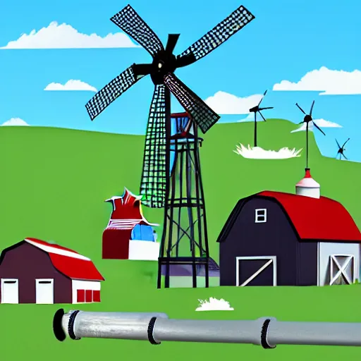 Image similar to farm theme, linux, windmill, broken pipe, 3 d art, digital illustration, perfect lighting