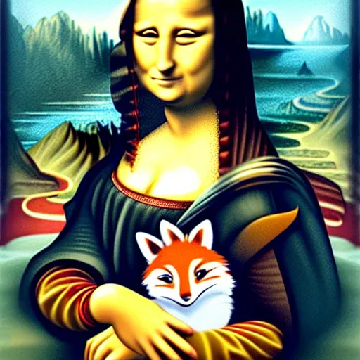 Image similar to the mona lisa as an anthropomorphic fox in the style of a zootopia character