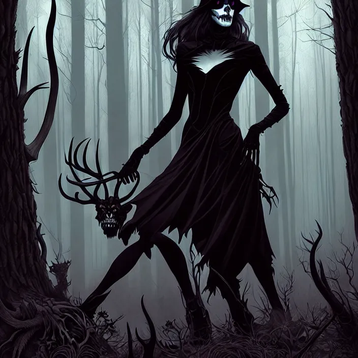 Prompt: style artgerm, joshua middleton, steve niles, gerald brom, scary wendigo with antlers and skull face mixed with werewolf, beautiful witch wearing a black dress on the right side, in the forest, detailed, dark and foggy, cinematic lighting