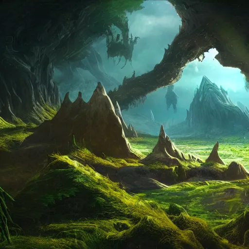 Prompt: photorealistic fantasy concept art of an unknown alien landscape, with its own creatures and fauna, dynamic lighting, realism, stunning visuals, beautiful scenery,mysterious scenery