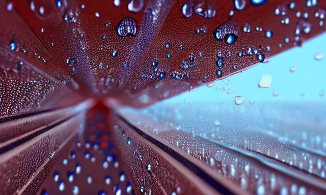 Image similar to beautiful picture of a tunnel of big upside-down raindrops floating quietly in a sunny blue sky, highly-detailed, fantastic, dramatic lighting, artstation, 4k