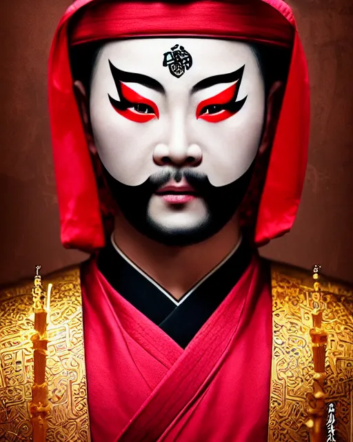 Prompt: photo of a Dramatic Peking Opera male character with arabic text calligraphy words painted on face in the style of stefan kostic, realistic, sharp focus, symmetric, 8k high definition, insanely detailed, intricate, elegant, art by stanley lau and artgerm, William-Adolphe Bouguereau