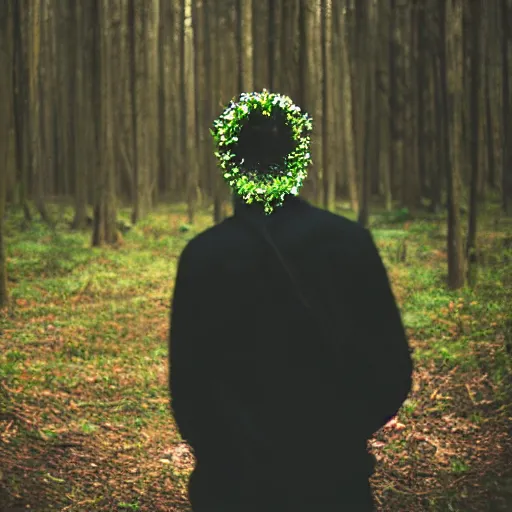 Image similar to kodak portra 4 0 0 photograph of a skinny goth guy standing in a dark forest, back view, flower crown, moody lighting, telephoto, 9 0 s vibe, blurry background, vaporwave colors, faded!,