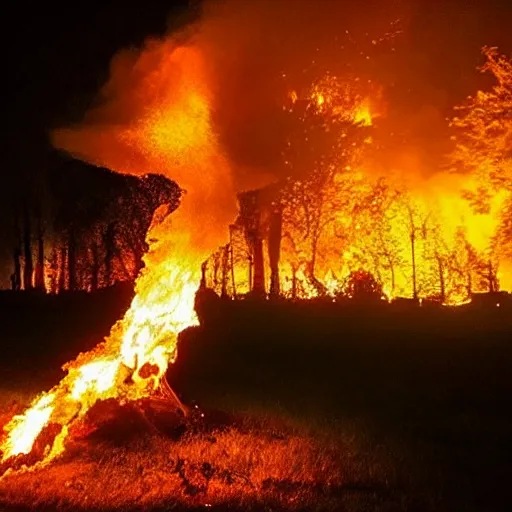 Prompt: “photo of a single burning oak tree engulfed in flames on fire in a graveyard at night. Burning embers fall from the night sky. Cursed image.”