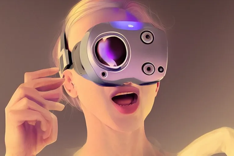 Image similar to a woman with a vr headset has a pill on her tongue and is hallucinating by keiichi koike, trending on cgsociety, retrofuturism, reimagined by industrial light and magic, darksynth, sci - fi