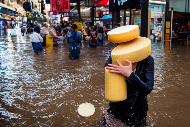 Prompt: closeup portrait of a woman carrying a wheel of cheese over her head in a flood in Rundle Mall in Adelaide in South Australia, photograph, natural light, sharp, detailed face, magazine, press, photo, Steve McCurry, David Lazar, Canon, Nikon, focus