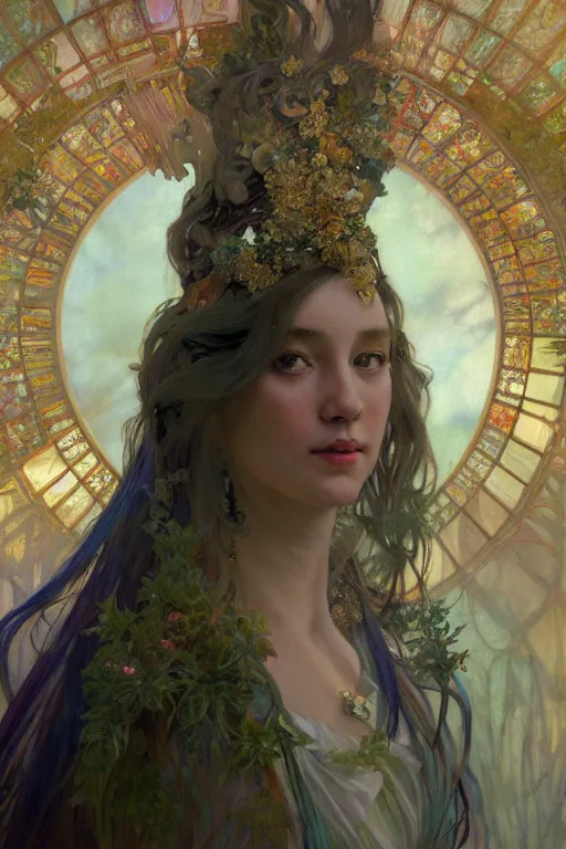 Image similar to hyperrealist portrait of a girl emperorit is decorated with long robes that fall like stars, an ostentatious palace and garden are seen in the background. by jeremy mann and alphonse mucha, fantasy art, photo realistic, dynamic lighting, artstation, poster, volumetric lighting, very detailed faces, 4 k, award winning