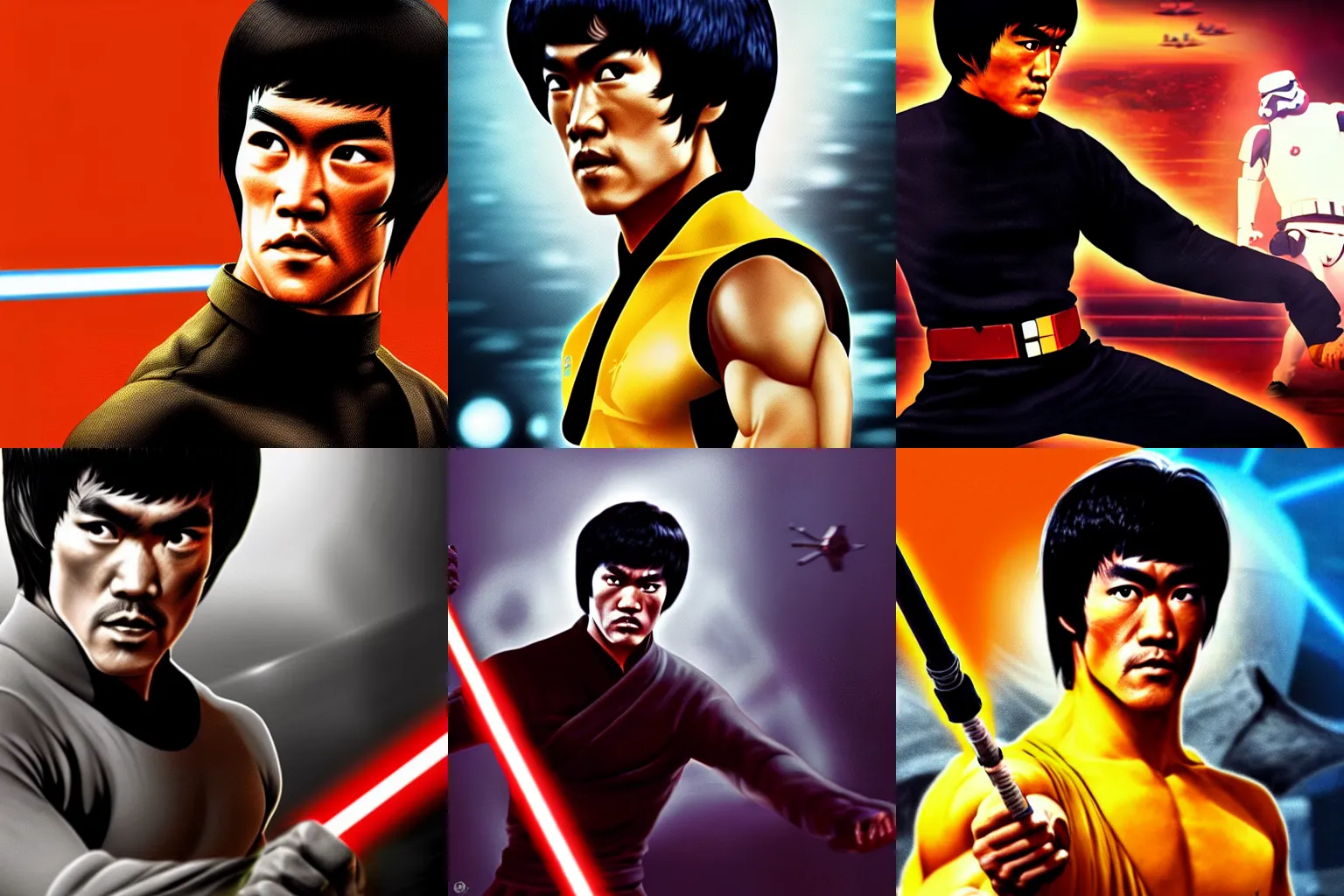 Prompt: Bruce Lee in Star Wars, epic, 4k resolution, extremely detailed, very sharp, artstation, digital art, vibrant