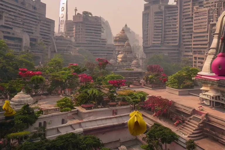 Image similar to beautiful futuristic new delhi, sharp sci - fi ganesha!! building, kalighat flowers, highly detailed cinematic, stephen shore & john j. park, soft morning light, wide shot, high angle, uhd 8 k, rack focus