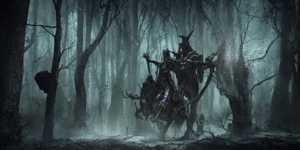 Image similar to Hyper realistic, Medieval horror, dark fantasy Horror, Medieval Knight, dark fantasy, horror, horror photography, cinematic, cinematic lighting, volumetric lighting, atmospheric, octane render, unreal engine, HD, phot, realistic, photo realistic, hyper realistic, hyper realism