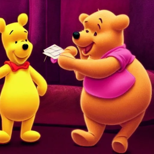 Prompt: photograph of Winnie the Pooh and The Pink Panther in a strip club