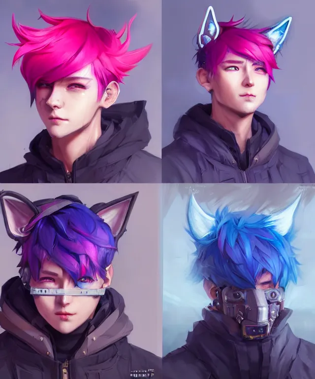 Image similar to character concept art of a cute cyberpunk boy with colorful hair and wolf ears | | cute - fine - face, pretty face, key visual, realistic shaded perfect face, fine details by stanley artgerm lau, wlop, rossdraws, james jean, andrei riabovitchev, marc simonetti, and sakimichan, trending on artstation