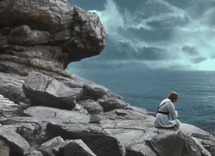 Image similar to screenshot of Luke Skywalker using the force to make rocks float around him, sitting outside on the rocky jedi temple, famous scene from the last jedi, 1980s film directed by Stanley Kubrick cinematic lighting, moody cinematography, with anamorphic lenses, crisp, detailed portrait, 4k image