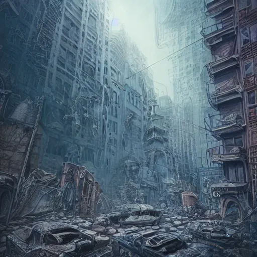 Prompt: post apocalyptic radiated ruined modern city, surrealism, deep aesthetic, abstract realism, highly ornate intricate details, 1 9 2 0's colored pencil, 4 k, cinematic lighting,