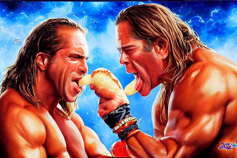 Image similar to portrait of wwf shawn michaels and wwf bret hart sharing hotdogs, an oil painting by ross tran and thomas kincade